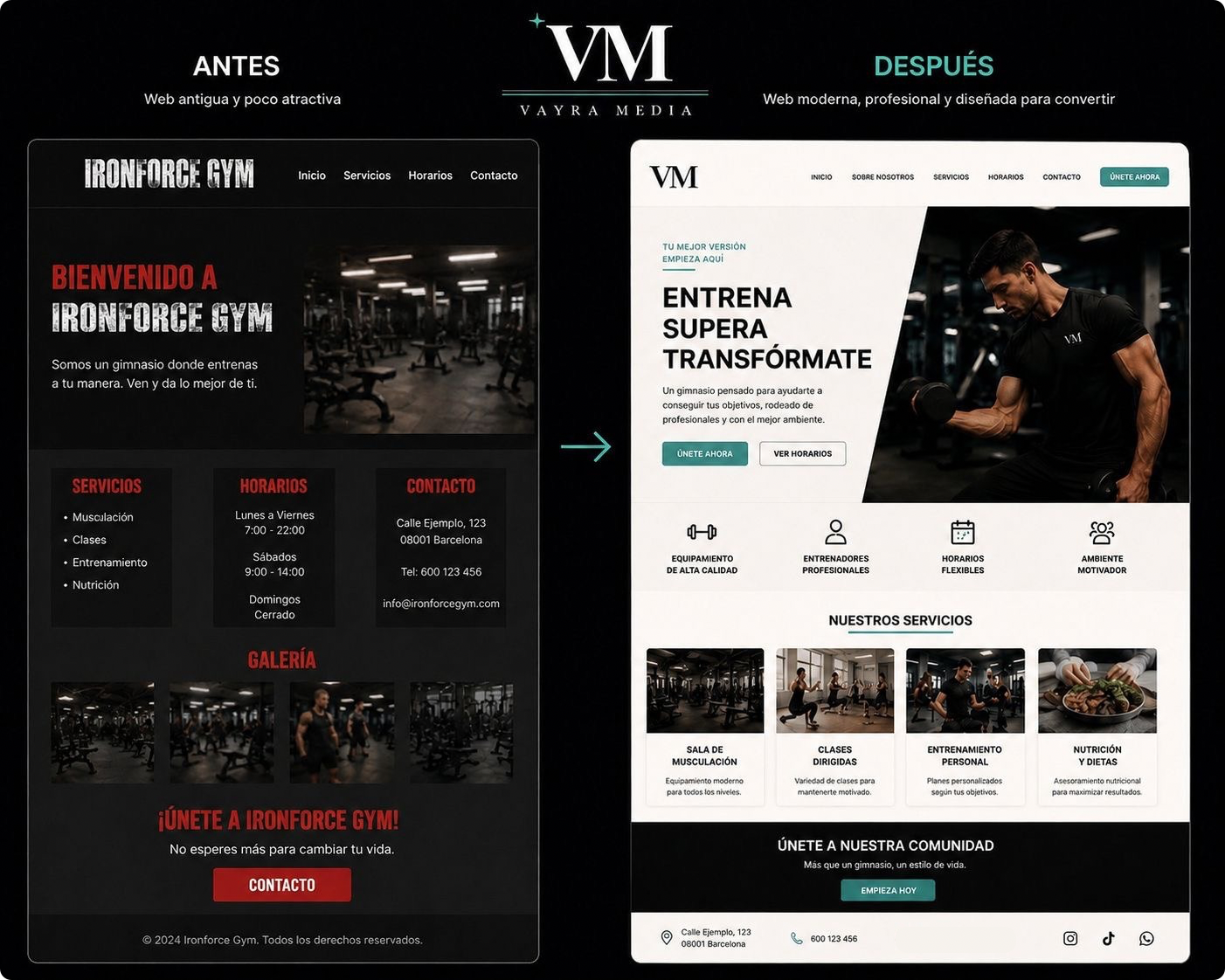 Antes y después de la web de IronForce Gym